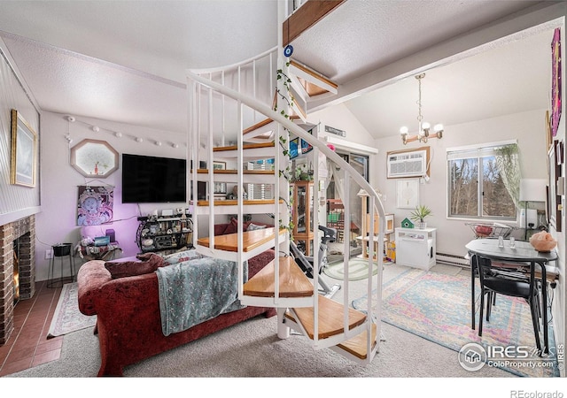 4501 E Boardwalk Dr Unit A9, Fort Collins, CO 80525 - tiled living area with an inviting chandelier, a wall mounted air conditioner, stairs, a baseboard radiator, and vaulted ceiling with beams