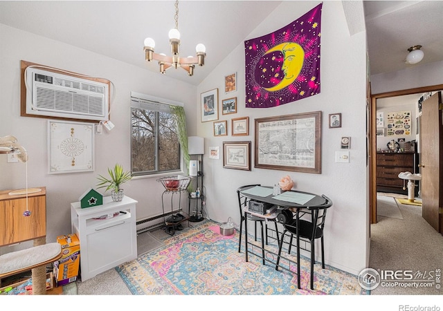 4501 E Boardwalk Dr Unit A9, Fort Collins, CO 80525 - dining room featuring an inviting chandelier, vaulted ceiling, a wall mounted AC, carpet flooring, and a baseboard heating unit