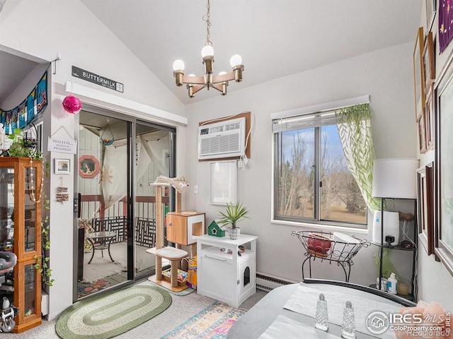 4501 E Boardwalk Dr Unit A9, Fort Collins, CO 80525 - game room featuring a baseboard heating unit, a wall mounted air conditioner, a notable chandelier, and vaulted ceiling