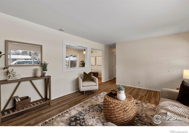 living room featuring baseboards, a wealth of natural light, and wood finished floors