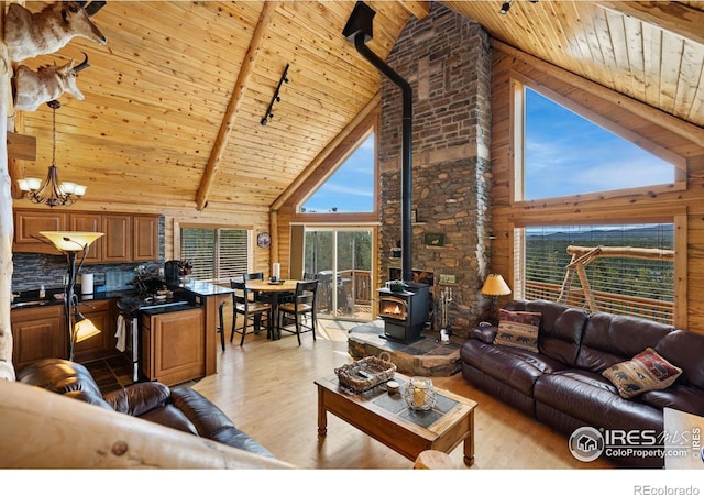 160 Shuswap Ct, Red Feather Lakes, CO 80545 - living area featuring a wood stove, wood ceiling, light wood finished floors, and high vaulted ceiling