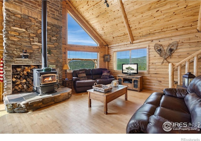 160 Shuswap Ct, Red Feather Lakes, CO 80545 - living area with a wood stove, high vaulted ceiling, wood-type flooring, a wealth of natural light, and wood ceiling