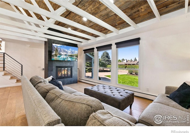 2017 Harmony Dr, Fort Collins, CO 80525 - living area with wood ceiling, stairway, a fireplace, beamed ceiling, and hardwood / wood-style floors
