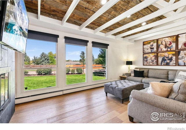 2017 Harmony Dr, Fort Collins, CO 80525 - living area featuring hardwood / wood-style flooring, a baseboard heating unit, wood ceiling, and beam ceiling