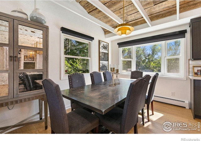 2017 Harmony Dr, Fort Collins, CO 80525 - dining room with lofted ceiling with beams, a baseboard heating unit, wooden ceiling, and light wood finished floors