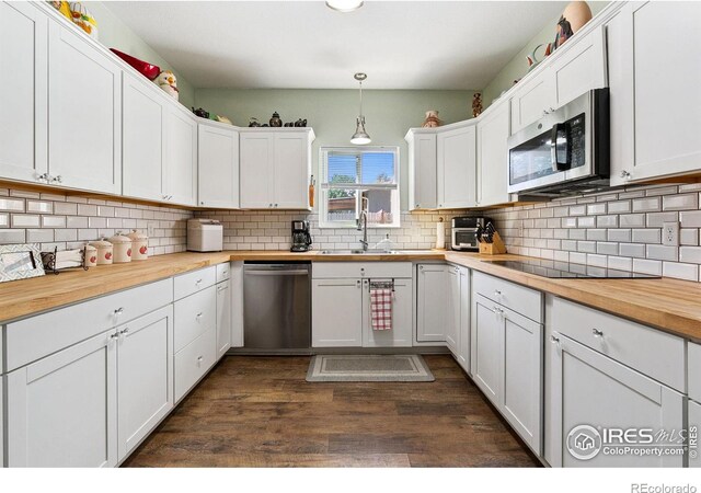 2017 Harmony Dr, Fort Collins, CO 80525 - kitchen featuring butcher block countertops, decorative backsplash, stainless steel appliances, white cabinetry, and a sink