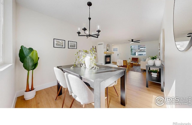 dining room with a glass covered fireplace, light wood-type flooring, baseboards, and ceiling fan with notable chandelier