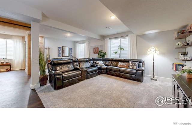 6820 Rainier Rd, Timnath, CO 80547 - living room featuring baseboards, recessed lighting, and wood finished floors