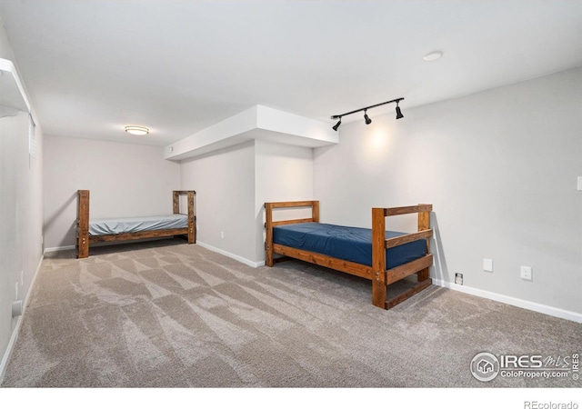 253 Courtney Dr, Loveland, CO 80537 - unfurnished bedroom featuring baseboards, rail lighting, and carpet