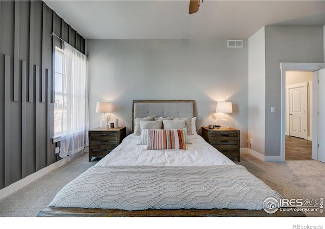 4284 Trapper Lake Dr, Loveland, CO 80538 - carpeted bedroom featuring visible vents, baseboards, and a ceiling fan