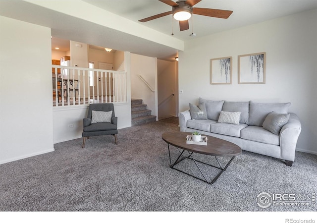 2113 Day Spring Dr, Windsor, CO 80550 - living room with carpet flooring, a ceiling fan, and stairs