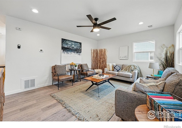 234 Lyons St, Fort Collins, CO 80521 - living area with recessed lighting, visible vents, a ceiling fan, and wood finished floors