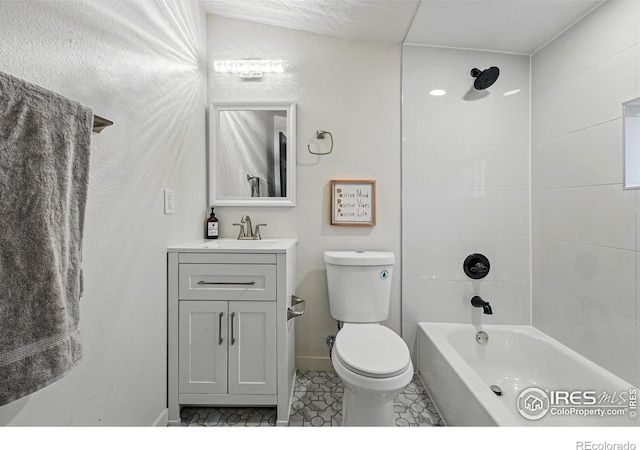 234 Lyons St, Fort Collins, CO 80521 - bathroom with toilet, vanity, baseboards, and tub / shower combination