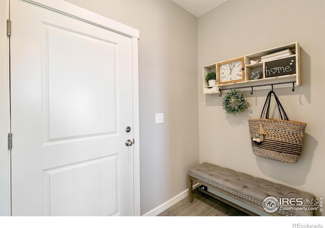 mudroom with baseboards and wood finished floors