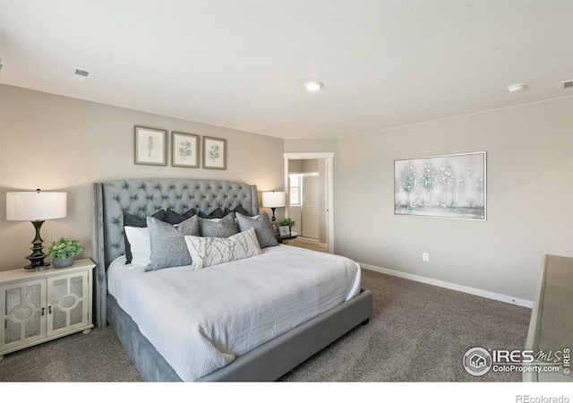bedroom featuring visible vents, baseboards, and carpet flooring