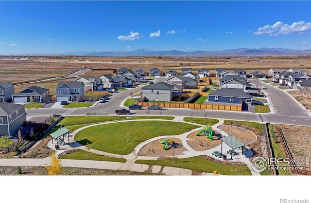 bird's eye view featuring a residential view and a mountain view