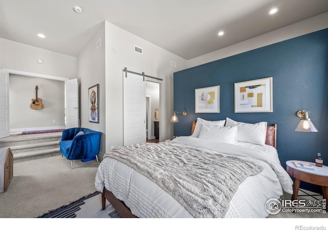 381 Pilsner St, Fort Collins, CO 80524 - carpeted bedroom featuring recessed lighting, a barn door, and visible vents