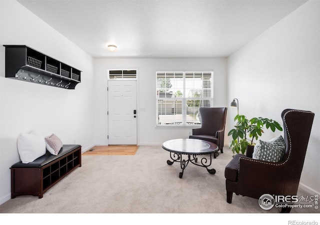 sitting room featuring carpet floors and baseboards