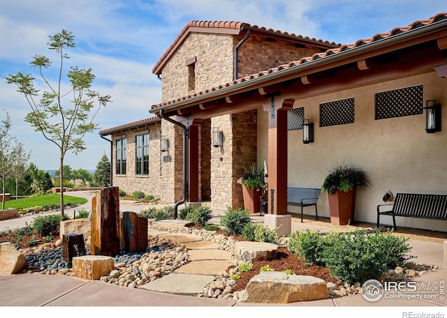 6701 Clovis Ct, Timnath, CO 80547 - view of front of home with stone siding, a tiled roof, and stucco siding