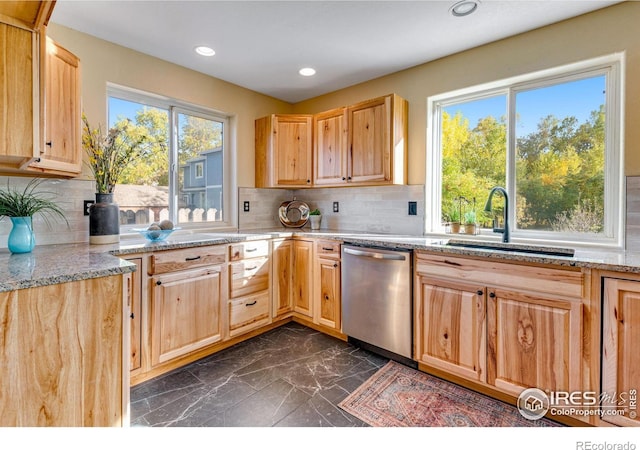217 Park St, Lyons, CO 80540 - kitchen featuring stainless steel dishwasher, dark marble finish flooring, a sink, healthy amount of natural light, and recessed lighting