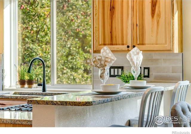 217 Park St, Lyons, CO 80540 - kitchen view of decorative backsplash, stone counters, and light brown cabinets