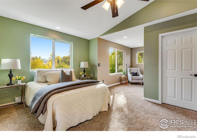 217 Park St, Lyons, CO 80540 - carpeted bedroom with lofted ceiling, baseboards, recessed lighting, and a ceiling fan