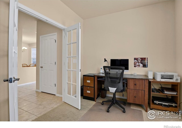 home office with light tile patterned floors, french doors, baseboards, and an inviting chandelier