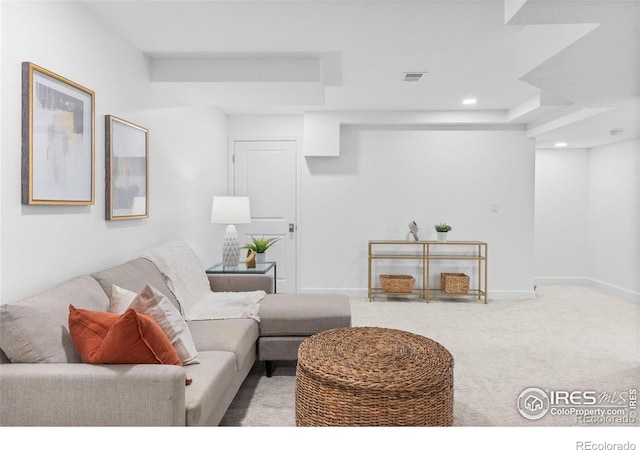 545 S Harrison Ln, Denver, CO 80209 - living room featuring baseboards, carpet flooring, recessed lighting, and visible vents
