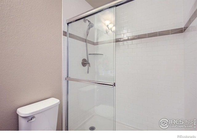 61 Avocet Ct, Longmont, CO 80501 - full bath featuring a shower stall, a textured wall, and toilet