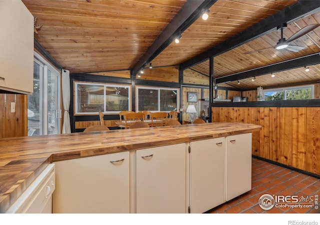 712 Aspen Dr, Lyons, CO 80540 - kitchen featuring wood counters, wood walls, and vaulted ceiling with beams