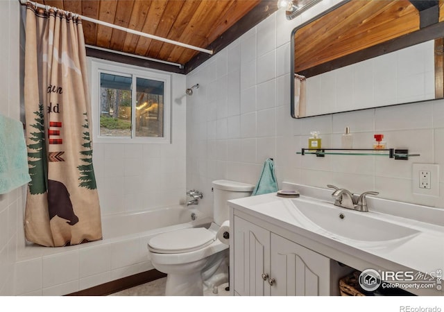 712 Aspen Dr, Lyons, CO 80540 - bathroom with toilet, wooden ceiling, shower / tub combo with curtain, and tile walls