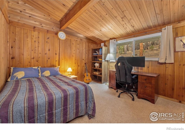 712 Aspen Dr, Lyons, CO 80540 - bedroom featuring wooden walls, wooden ceiling, light colored carpet, and lofted ceiling with beams