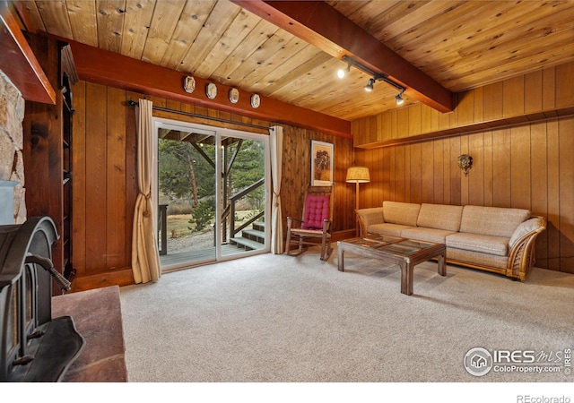 712 Aspen Dr, Lyons, CO 80540 - living room with wood walls, a wood stove, wood ceiling, and beam ceiling