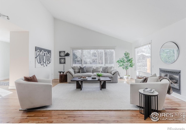 1835 Columbine Ave, Boulder, CO 80302 - living room featuring plenty of natural light, high vaulted ceiling, wood finished floors, and a glass covered fireplace