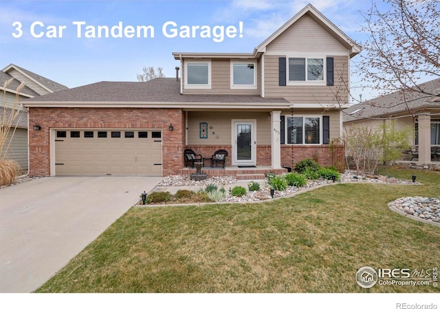 view of front of house with a garage, a front yard, brick siding, a porch, and driveway