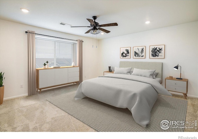 9283 Sedalia St, Commerce City, CO 80022 - carpeted bedroom with visible vents, baseboards, recessed lighting, and a ceiling fan