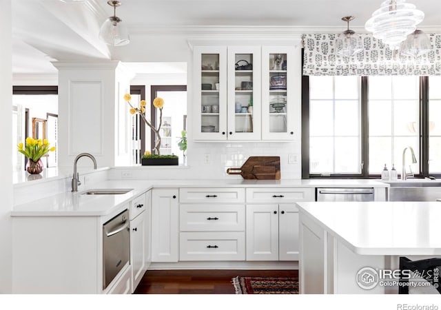 3132 5th St, Boulder, CO 80304 - kitchen featuring a sink, dishwasher, white cabinetry, and ornamental molding