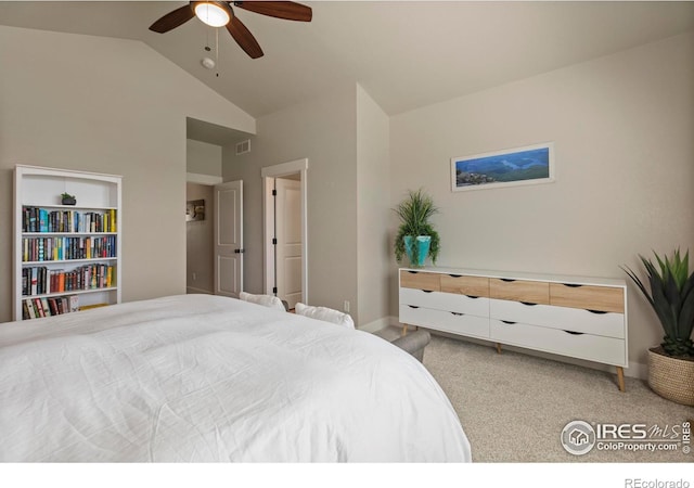 1708 W 50th St, Loveland, CO 80538 - bedroom with lofted ceiling, baseboards, light carpet, visible vents, and ceiling fan