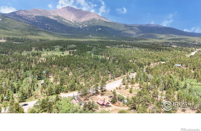 view of mountain backdrop featuring a forest