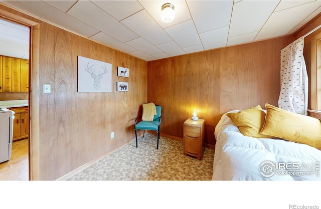 sitting room with wooden walls and light floors