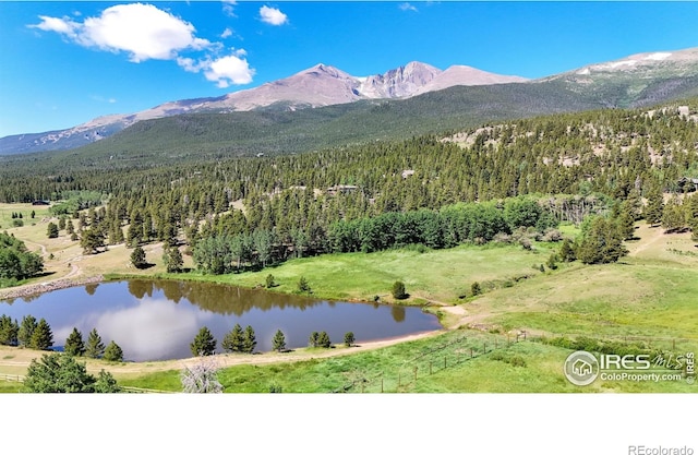 aerial view of a heavily wooded area and a water and mountain view