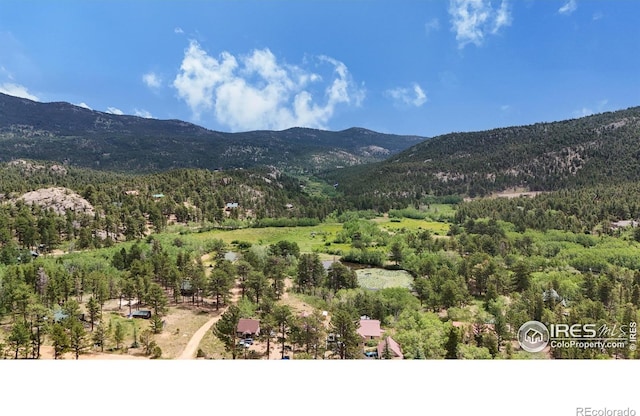 view of mountain backdrop featuring a heavily wooded area