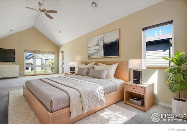 3620 Paonia St, Boulder, CO 80301 - carpeted bedroom featuring visible vents, baseboards, a ceiling fan, and high vaulted ceiling