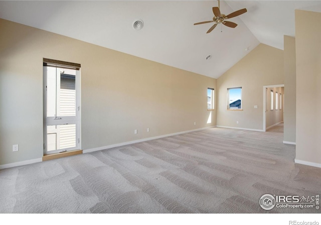 3620 Paonia St, Boulder, CO 80301 - spare room featuring visible vents, baseboards, a ceiling fan, carpet floors, and high vaulted ceiling