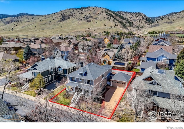 4921 Fountain St, Boulder, CO 80304 - aerial perspective of suburban area featuring property parcel outlined and mountains