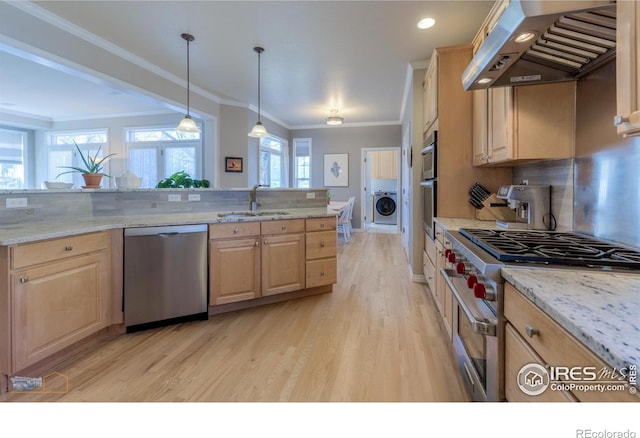 4921 Fountain St, Boulder, CO 80304 - kitchen featuring stainless steel appliances, light brown cabinets, wall chimney exhaust hood, a sink, and light wood-style flooring