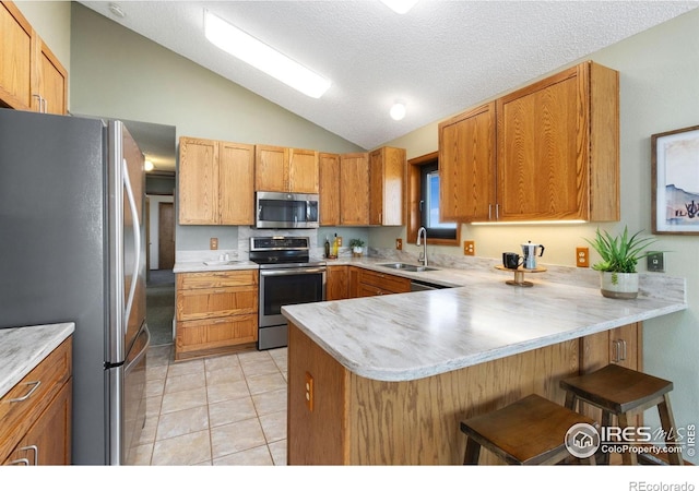 13236 Otter Rd, Loveland, CO 80538 - kitchen featuring stainless steel appliances, a sink, vaulted ceiling, a peninsula, and light countertops