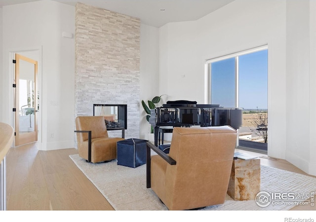 living room featuring baseboards, wood finished floors, a towering ceiling, and a stone fireplace