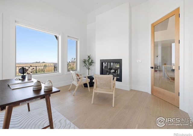 interior space with light wood finished floors, baseboards, and a glass covered fireplace