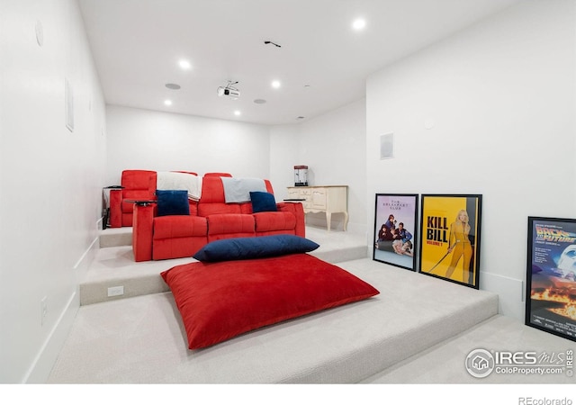 carpeted home theater featuring recessed lighting